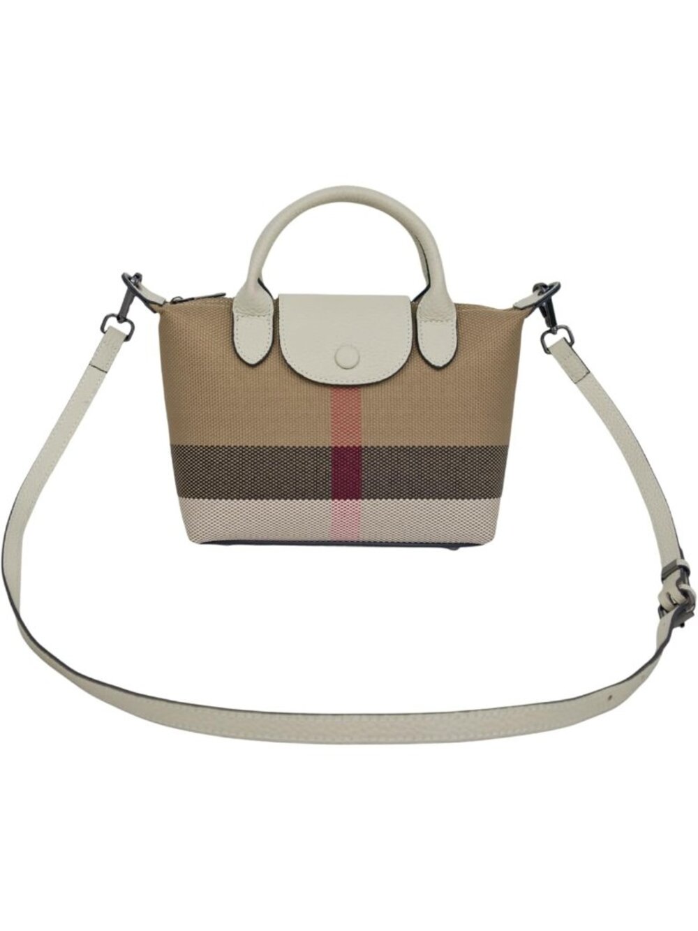 Chic Mini Plaid Crossbody Bag with Leather Trim, Multi-Zippered Pockets & Metal